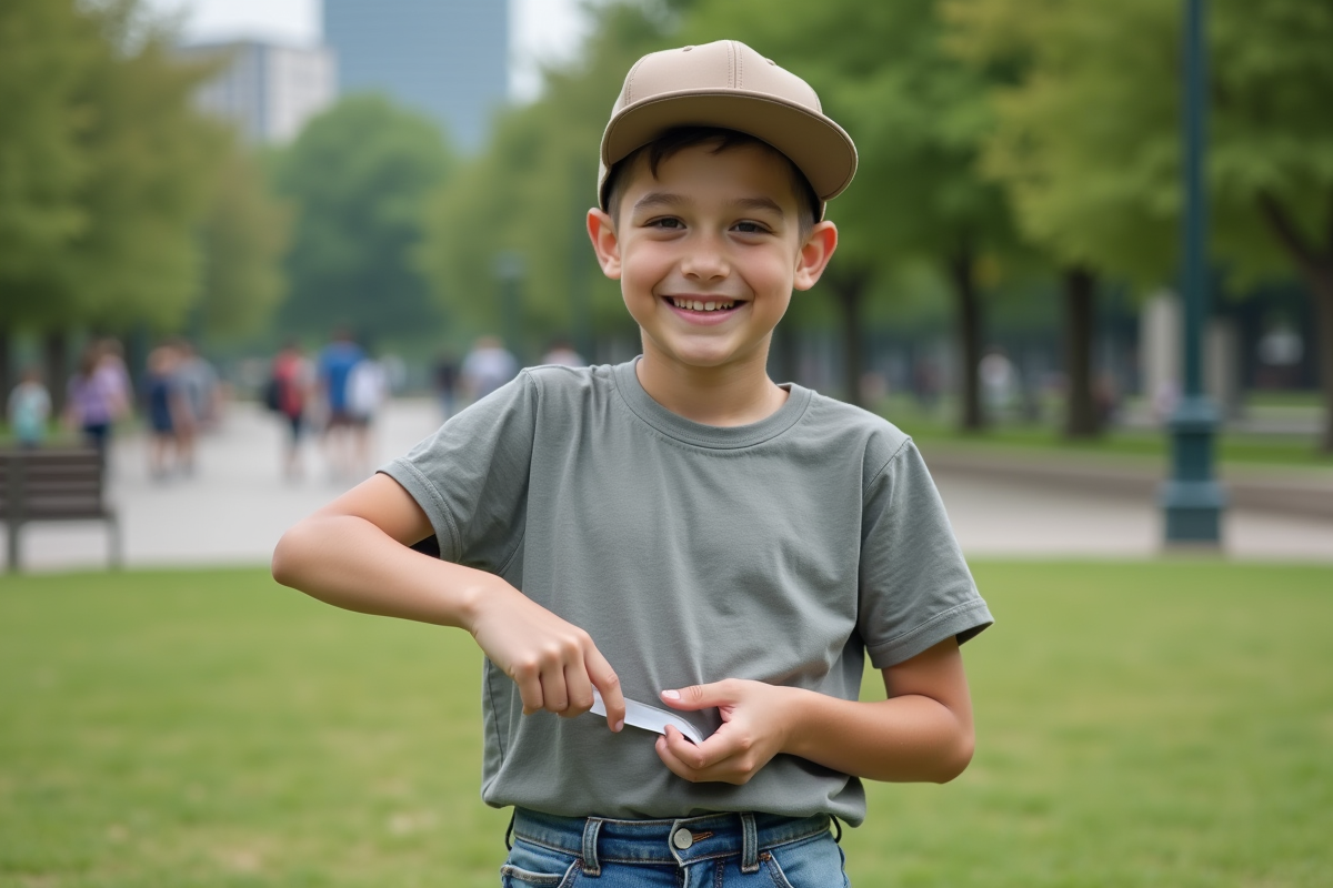 Adolescent ajustant un casquette avec du ruban adhésif dans un parc