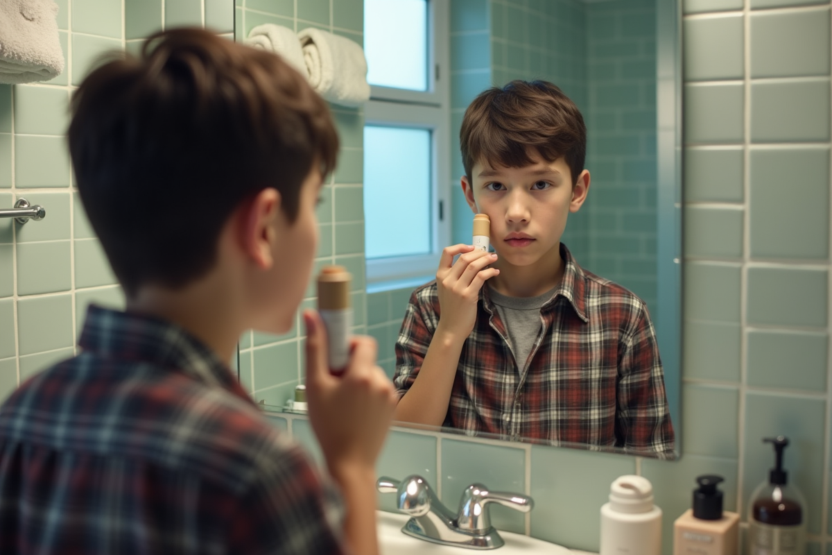 Adolescent couvrant une tache rouge au front dans la salle de bain