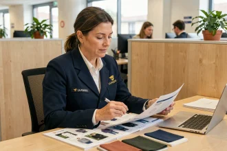 Agente La Poste consultant le catalogue habillement 2026 à son bureau