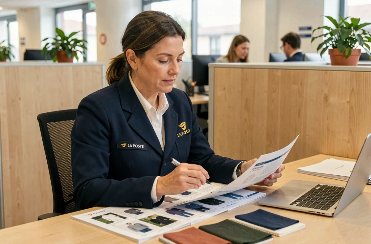Agente La Poste consultant le catalogue habillement 2026 à son bureau