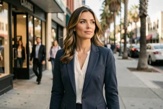 Femme élégante dans une rue animée de Los Angeles, évoquant le style de vie d'une ancienne célébrité hollywoodienne