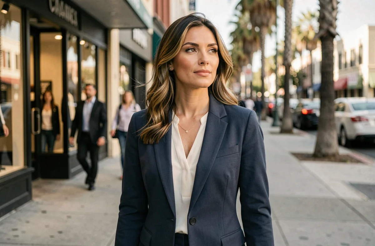 Femme élégante dans une rue animée de Los Angeles, évoquant le style de vie d'une ancienne célébrité hollywoodienne