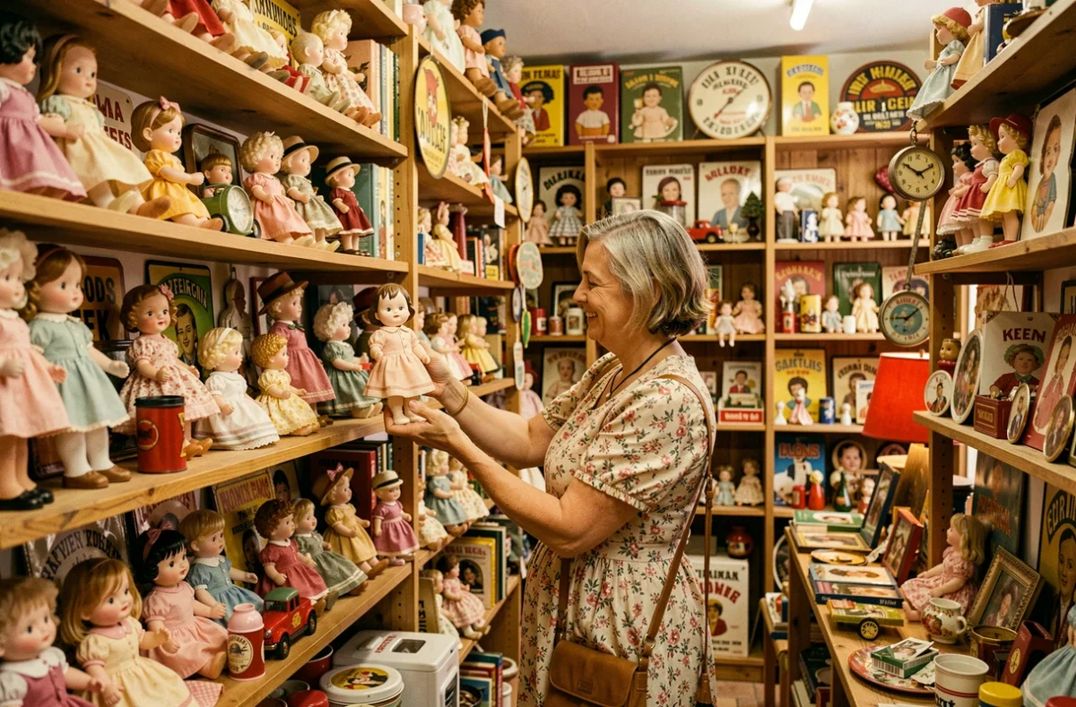 Boutique Antiquités Poupée Marilyn à Lyon, intérieur foisonnant de poupées en porcelaine, jouets anciens et curiosités vintage empilés sur des étagères en bois.