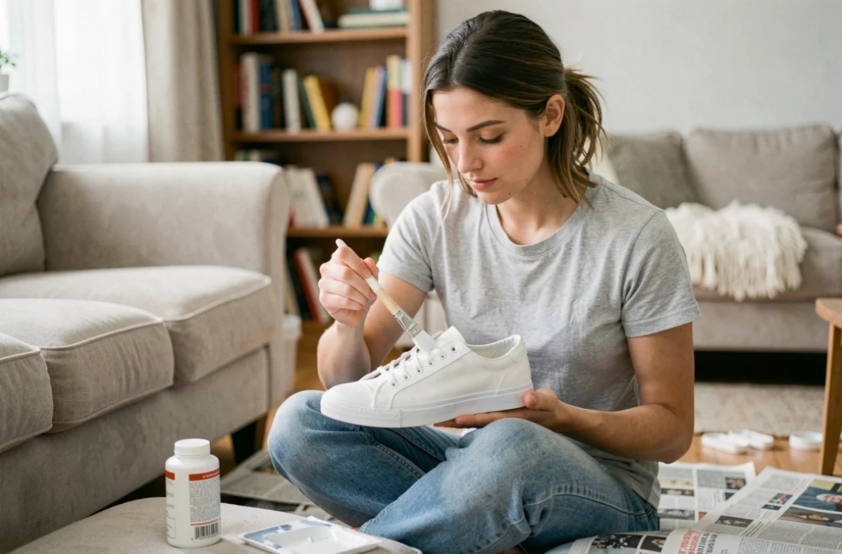 Femme appliquant de la peinture blanche pour chaussures en textile sur une basket canvas dans un salon avec pinceau et flacon de peinture
