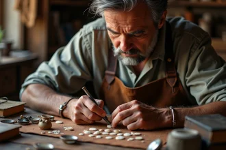 Artisan bijoutier sculptant à la main un camée en coquille dans un atelier traditionnel