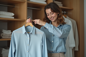 Femme montrant une astuce pour doubler l'espace de rangement dans un placard
