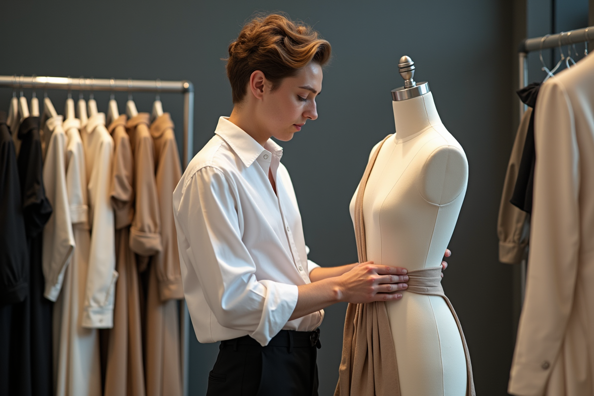 Jeune designer en backstage ajustant un tissu