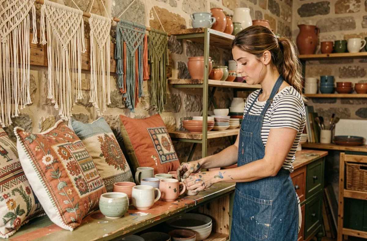 Atelier Les Ateliers de Marinette dans le quartier Saint-Georges à Lyon, avec mobilier vintage repeint, objets artisanaux et une créatrice arrangeant des céramiques sur des étagères en bois brut.