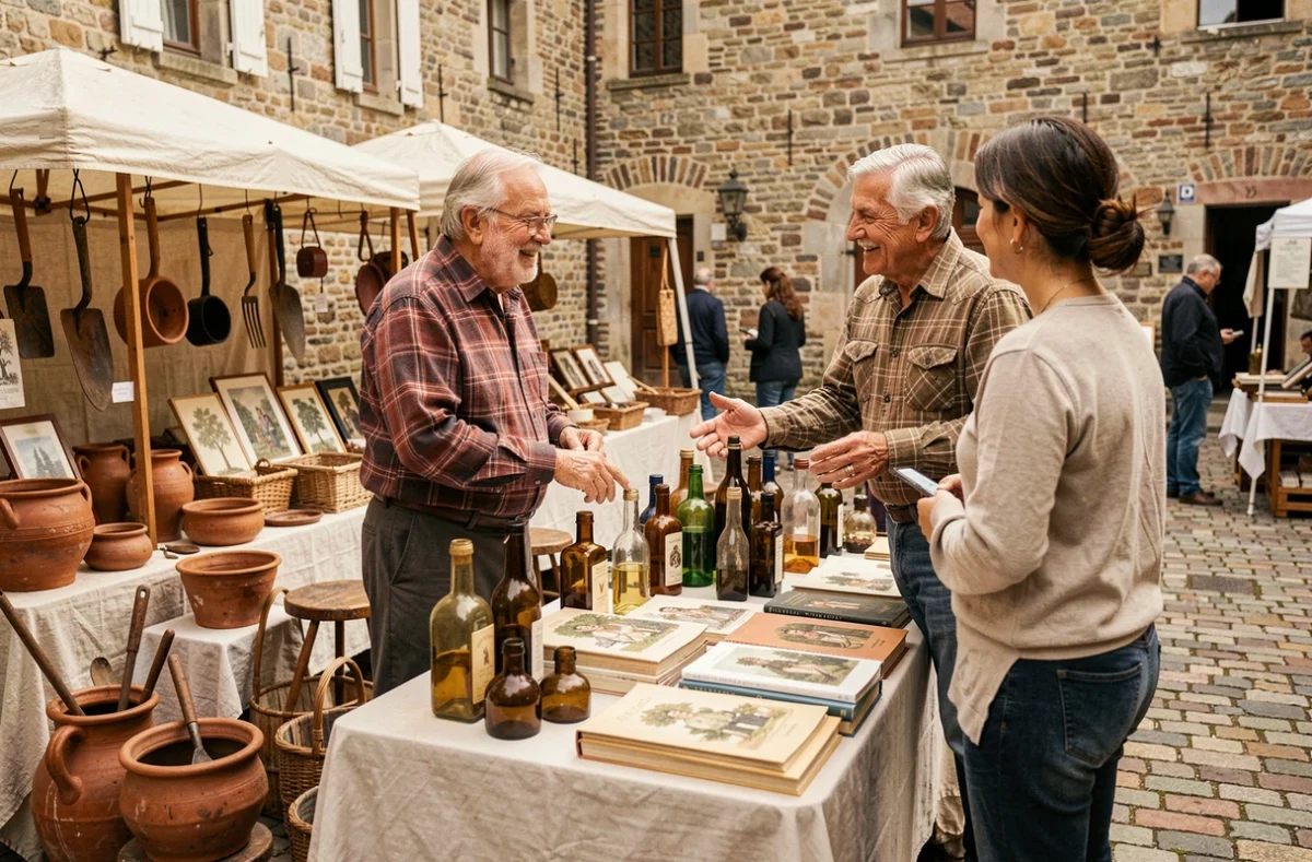 Stand de vide-grenier en plein air à Clisson avec vendeur présentant des objets anciens sur fond d'architecture médiévale