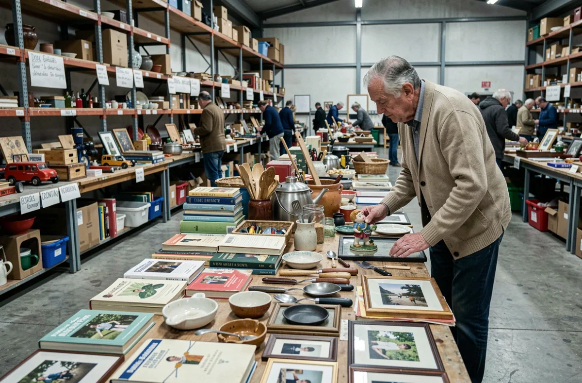 Espace vide-grenier intérieur à Nantes avec tables d'objets divers et visiteur inspectant une figurine ancienne