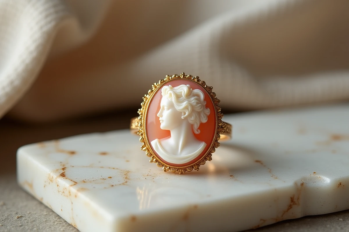Bague en camée artisanale avec portrait classique sculpté en coquille sur fond de marbre