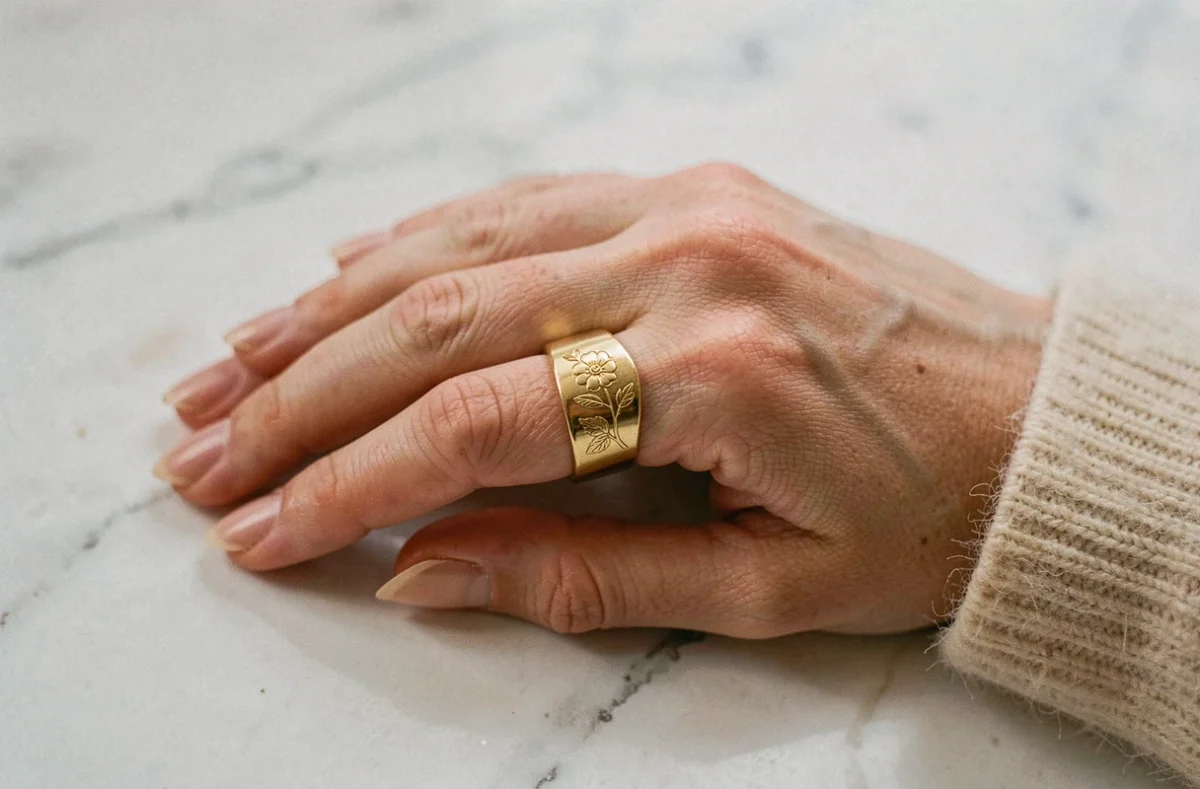 Main de femme portant une bague chevalière en or gravée posée sur marbre blanc, gros plan élégant