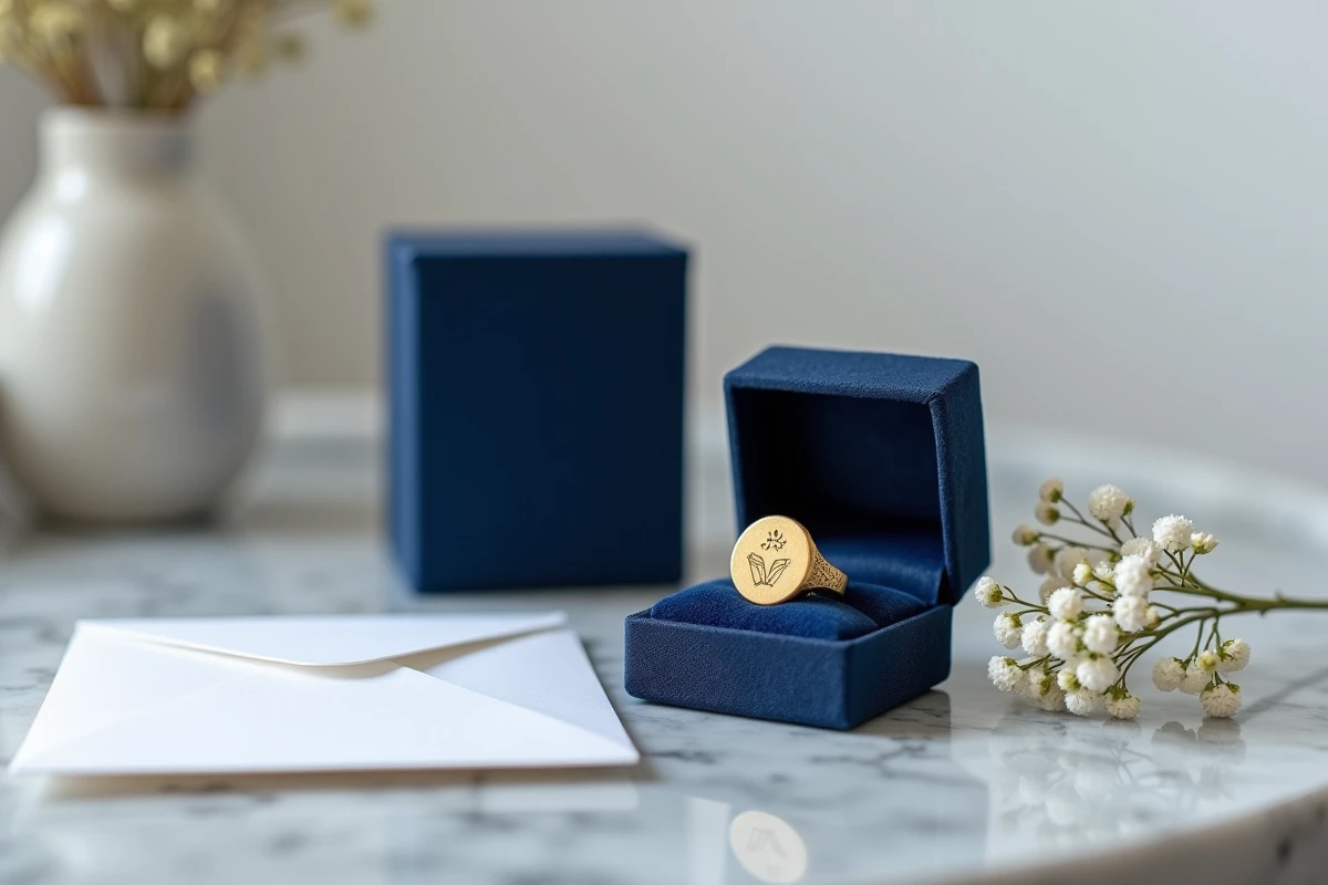 Boîte cadeau en velours marine avec bague en or gravée pour nourrisson, cadeau de baptême élégant et précieux