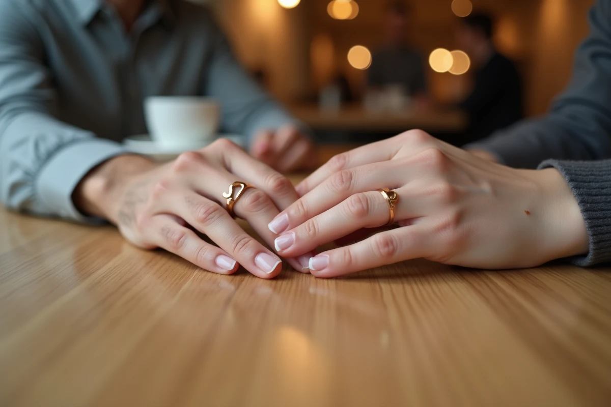 Deux mains portant des bagues cœur magnétiques assorties pour couple, posées ensemble sur une table en bois dans un café