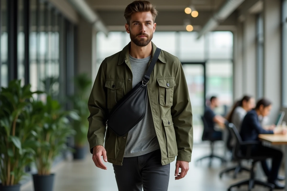Homme en veste field kaki portant une besace en cuir noir en bandoulière dans un espace de coworking moderne