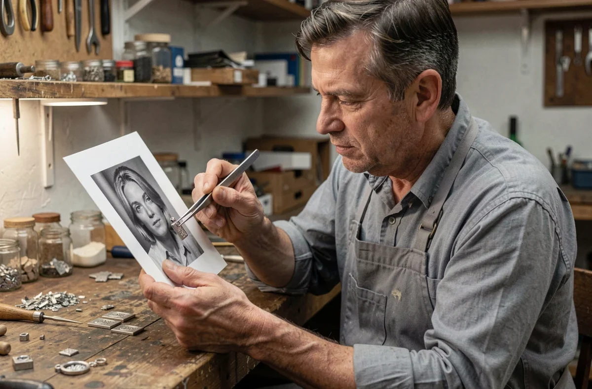 Artisan bijoutier comparant une photo haute résolution à un pendentif argent gravé dans un atelier