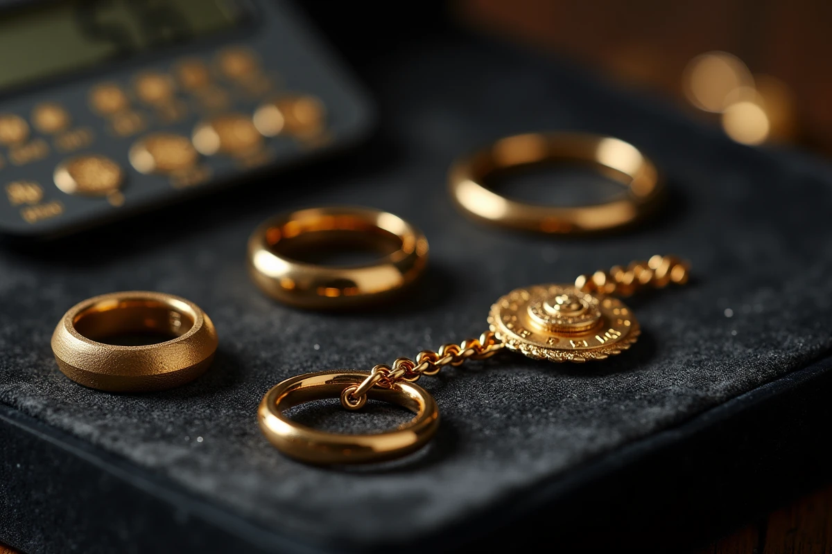 Bijoux en or avec poinçons visibles disposés sur velours pour estimation avant revente