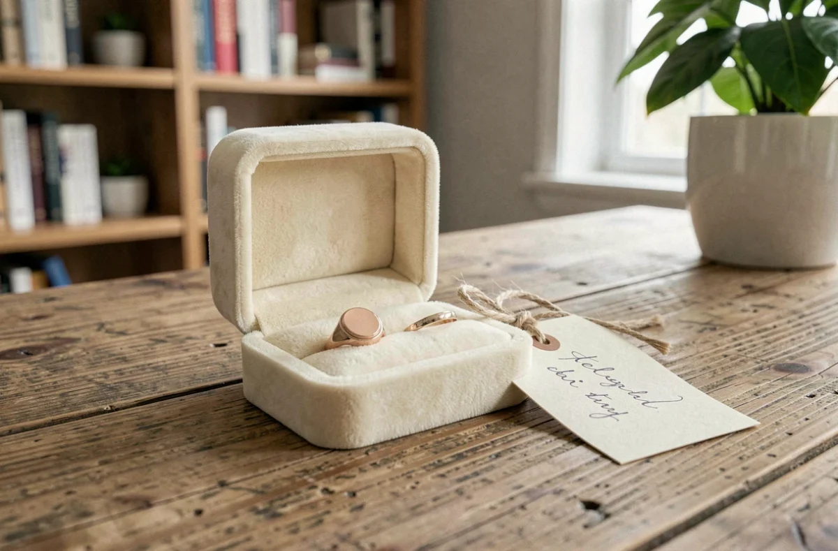 Boîte à bijoux ouverte avec bague chevalière en or rose et anneau classique, idée cadeau pour femme