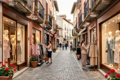 Rue commerçante pittoresque du Pays Basque avec boutiques de prêt-à-porter féminin et façades typiques