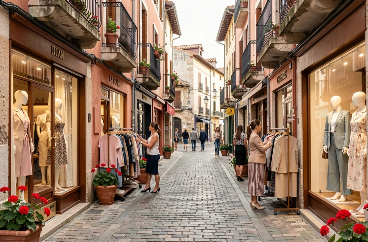 Rue commerçante pittoresque du Pays Basque avec boutiques de prêt-à-porter féminin et façades typiques