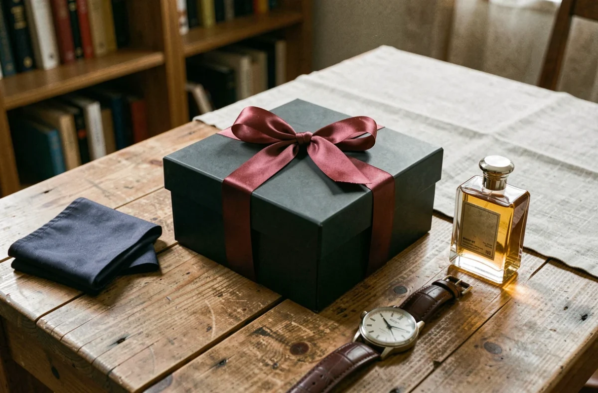 Box cadeau homme stylée sur une table en bois rustique avec accessoires masculins et ruban bordeaux