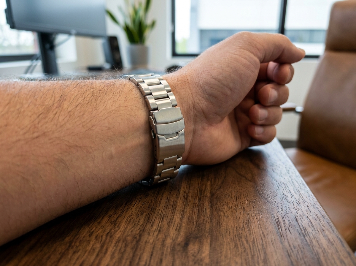 Bracelet en acier inoxydable poli porté au poignet d'un homme sur un bureau en noyer