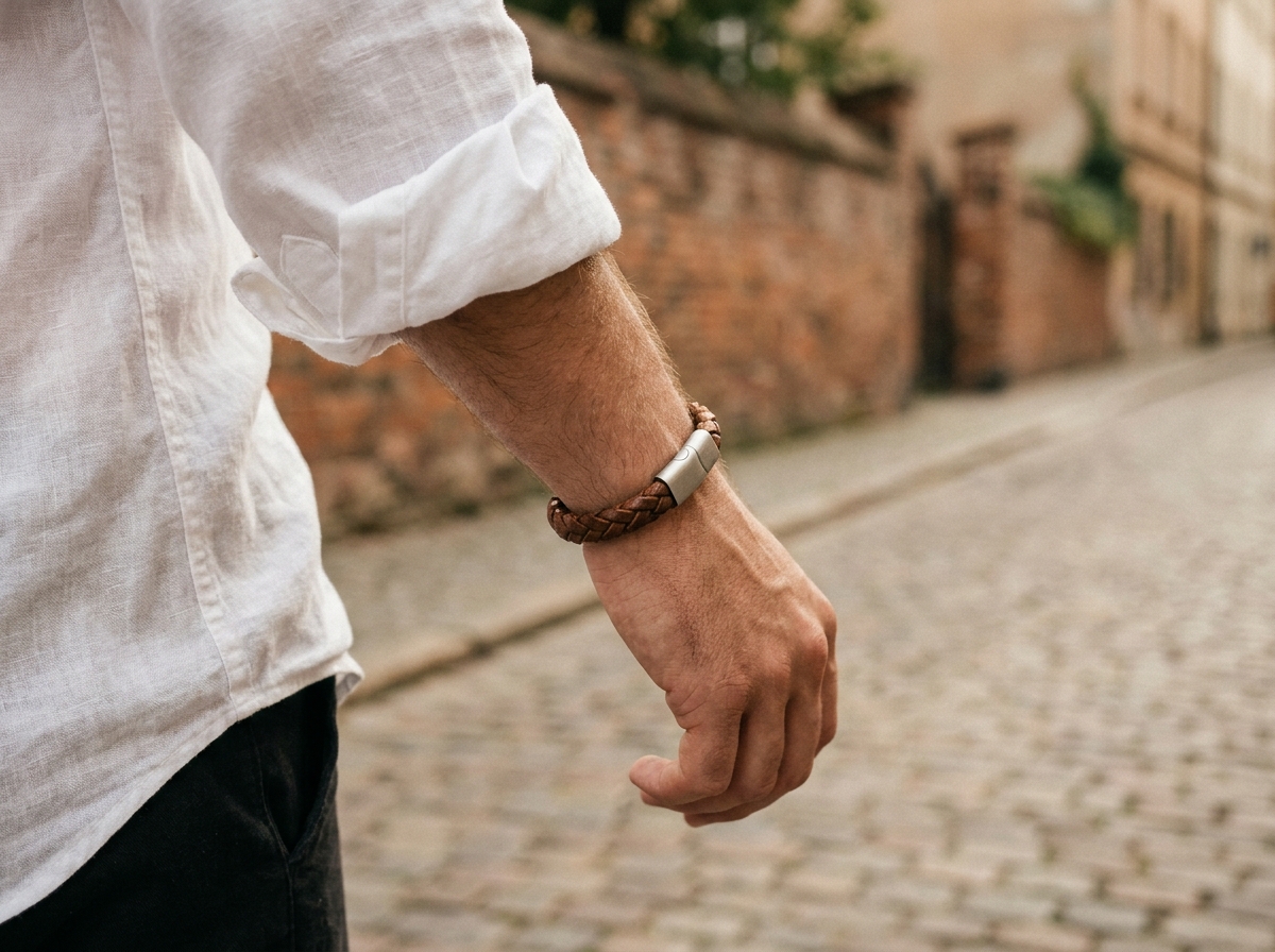 Bracelet en cuir tressé marron porté au poignet d'un homme en chemise en lin blanche dans une rue pavée