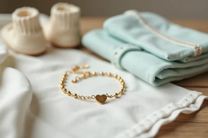 Bracelet en or gravé d'un cœur posé sur un tissu blanc avec des chaussons et une tenue de baptême, souvenir précieux pour naissance
