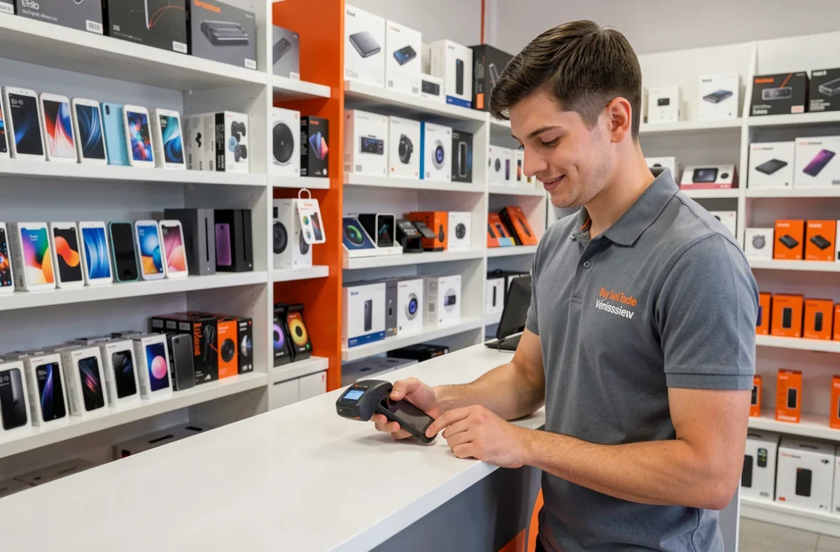 Magasin Cash Express à Vénissieux, espace de rachat-revente d'électronique reconditionné avec rayons organisés et employé scannant un smartphone derrière un comptoir moderne.