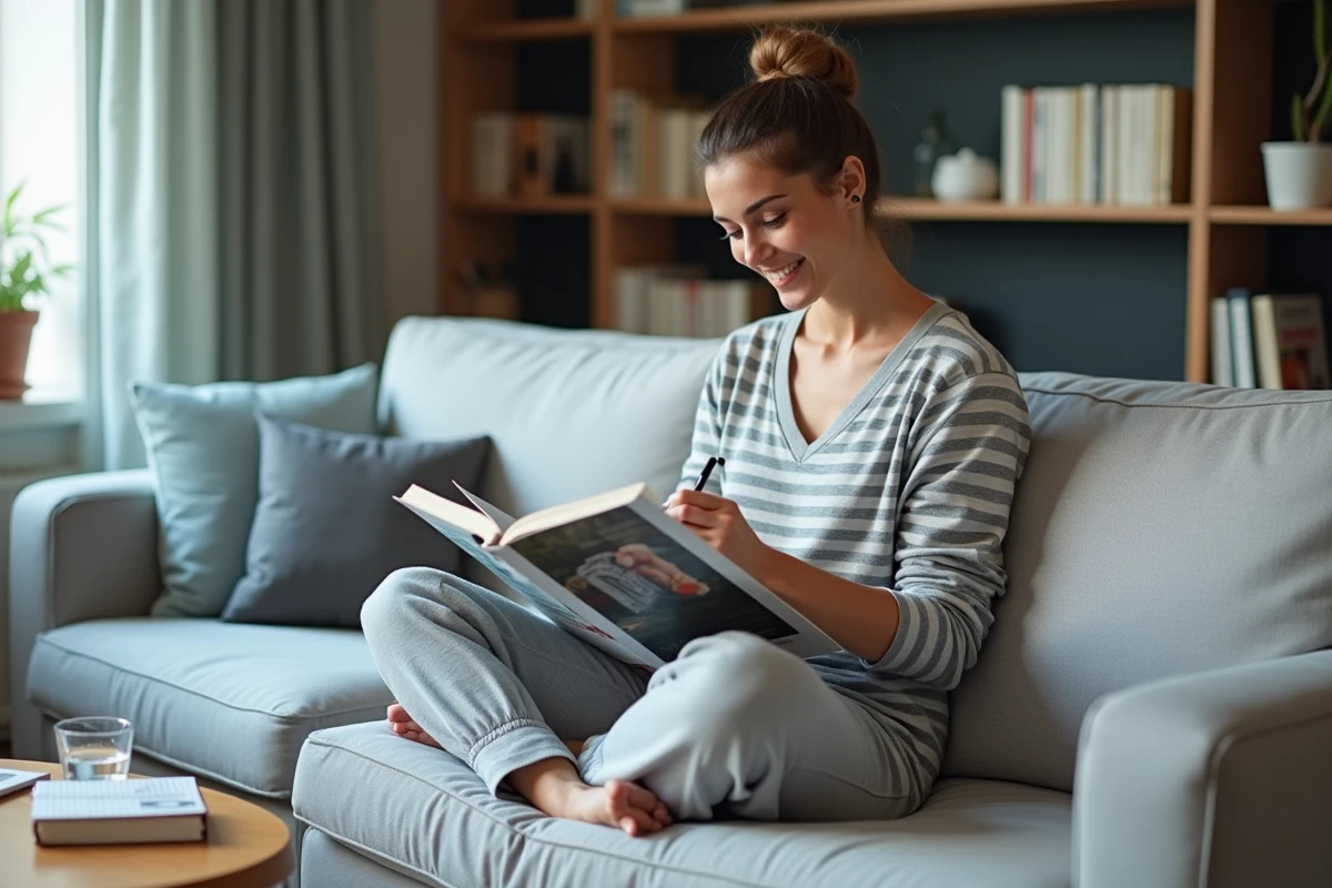 Femme feuilletant un catalogue habillement La Poste et prenant des notes sur un canapé
