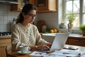 Femme consultant le catalogue habillement La Poste sur ordinateur portable à table de cuisine