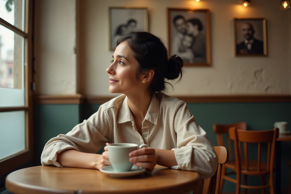 Portrait intimiste d'une femme aux origines diverses dans un café vintage, symbolisant la mémoire familiale et l'identité de Charla Carter