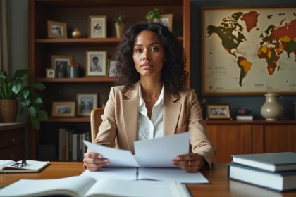 Femme d'origine mixte consultante assise à son bureau, illustrant le parcours et les origines de Charla Carter