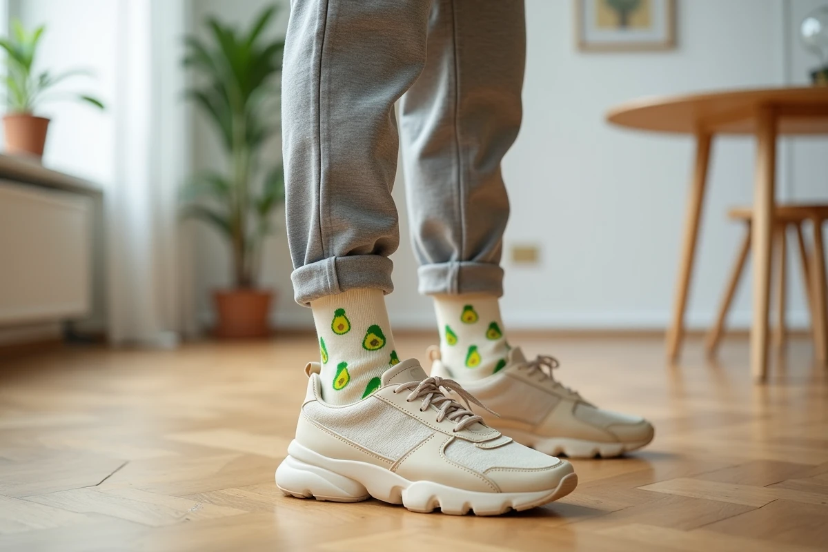 Chaussettes fantaisie motif avocat portées avec des sneakers dad shoes dans un appartement moderne