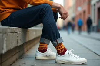 Homme portant des chaussettes rayées colorées assorties à des sneakers blanches en ville