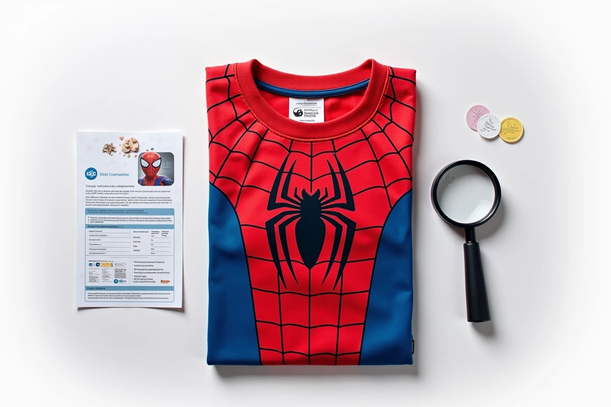 Checklist de sécurité pour choisir un t-shirt Spiderman enfant avec étiquettes et loupe