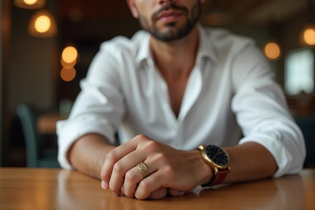 Homme élégant portant une chevalière en or jaune avec une montre en cuir dans un café urbain chic