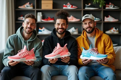 Groupe de collectionneurs de sneakers dans un salon moderne