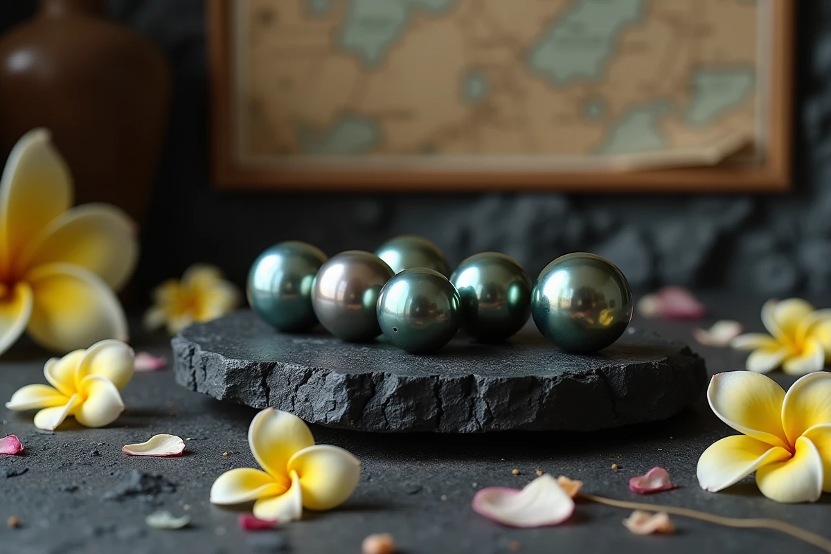 Collection de perles de Tahiti aux reflets variés présentées sur basalte volcanique dans un atelier de bijouterie