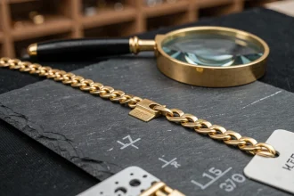 Collier en or 750 pour homme avec poinçon visible posé sur une ardoise noire avec loupe de bijoutier