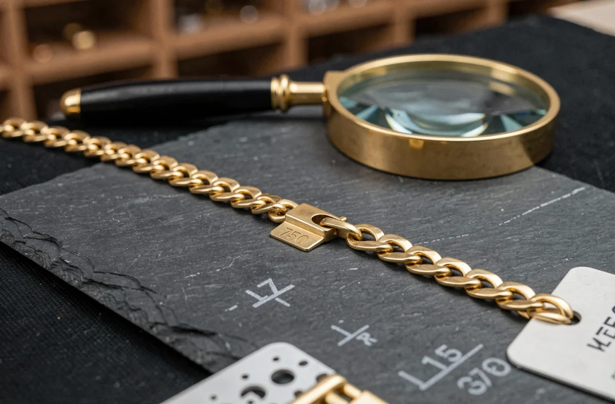 Collier en or 750 pour homme avec poinçon visible posé sur une ardoise noire avec loupe de bijoutier