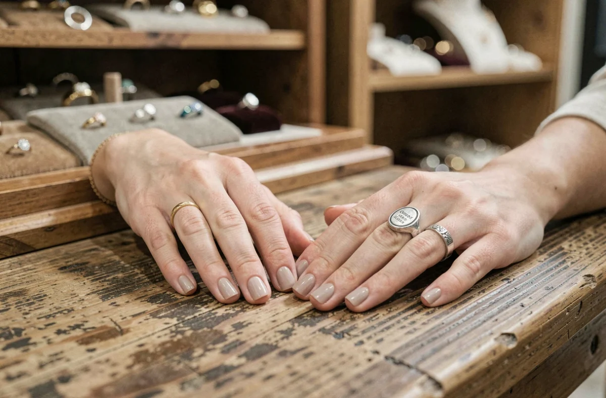 Comparaison entre bague anneau classique et chevalière portées sur deux mains féminines dans une bijouterie