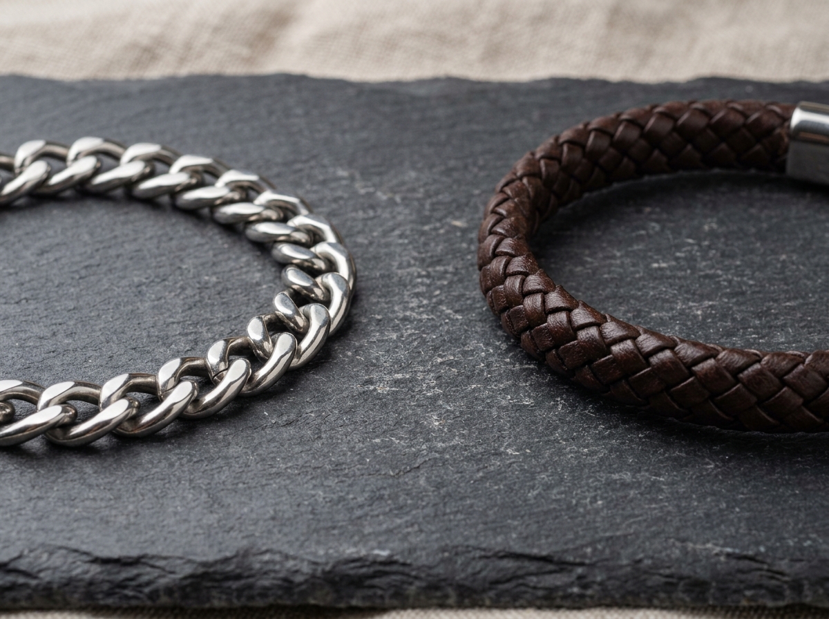 Comparaison d'un bracelet en acier et d'un bracelet en cuir tressé posés côte à côte sur une ardoise