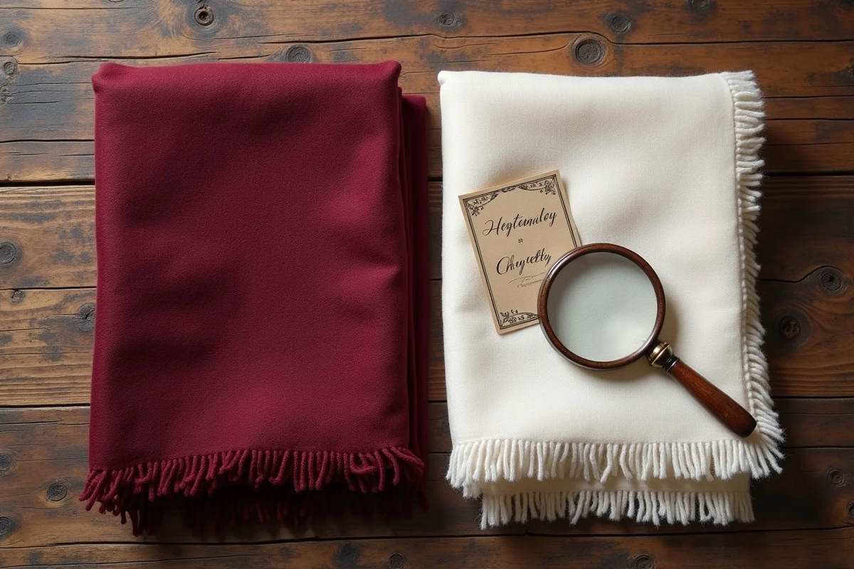 Comparaison côte à côte d'un foulard en cachemire et d'un pashmina en pose à plat sur bois, détail de texture et matière