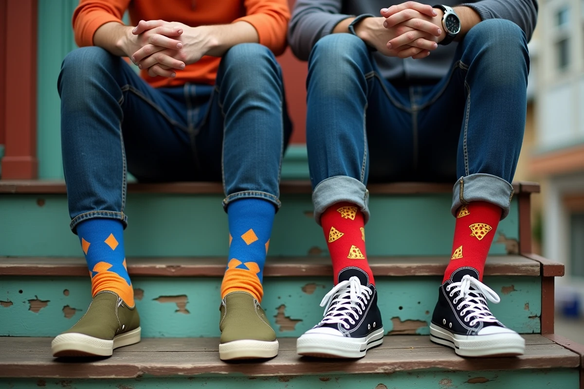 Deux hommes comparant leurs chaussettes colorées et leurs sneakers assorties sur des marches en bois