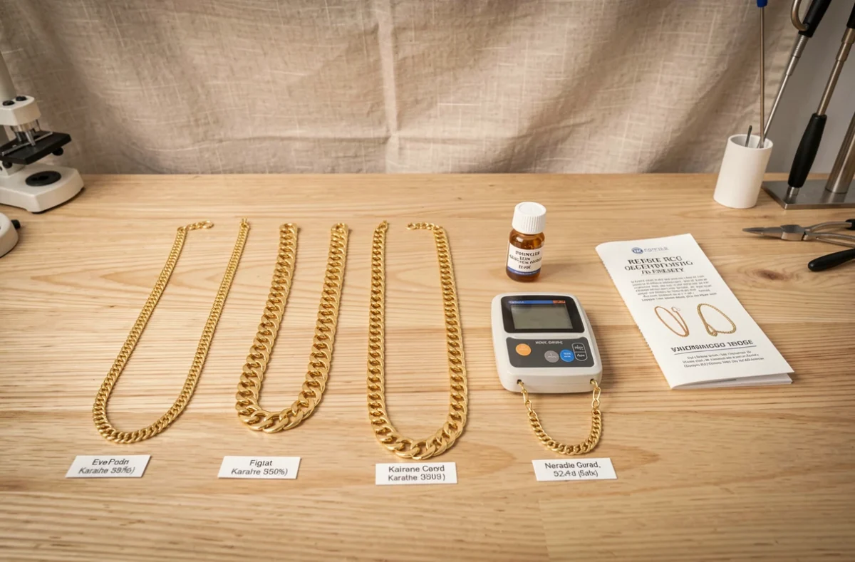 Comparaison de trois colliers en or pour homme avec kit de test de pureté et guide d'achat sur table en bois