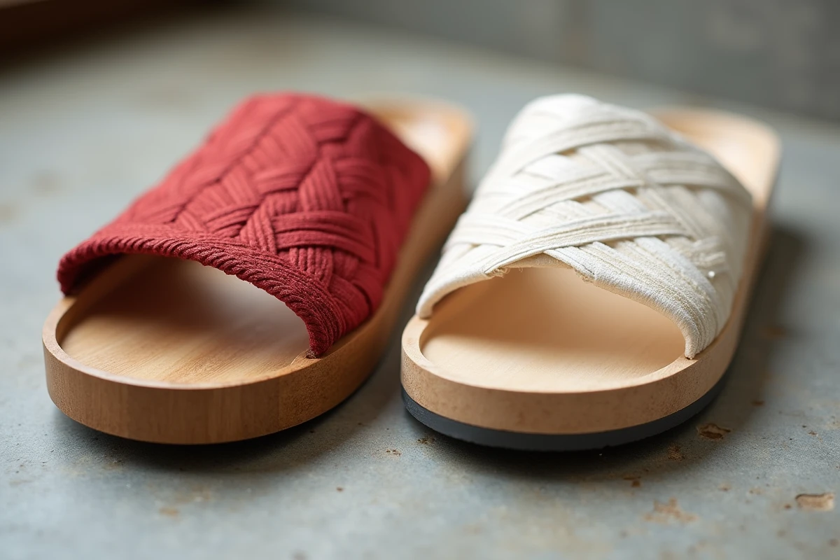 Comparaison côte à côte d'une geta traditionnelle en bois de cyprès hinoki avec lanière en soie rouge et d'une geta moderne en bouleau avec semelle en caoutchouc, sur fond de béton neutre
