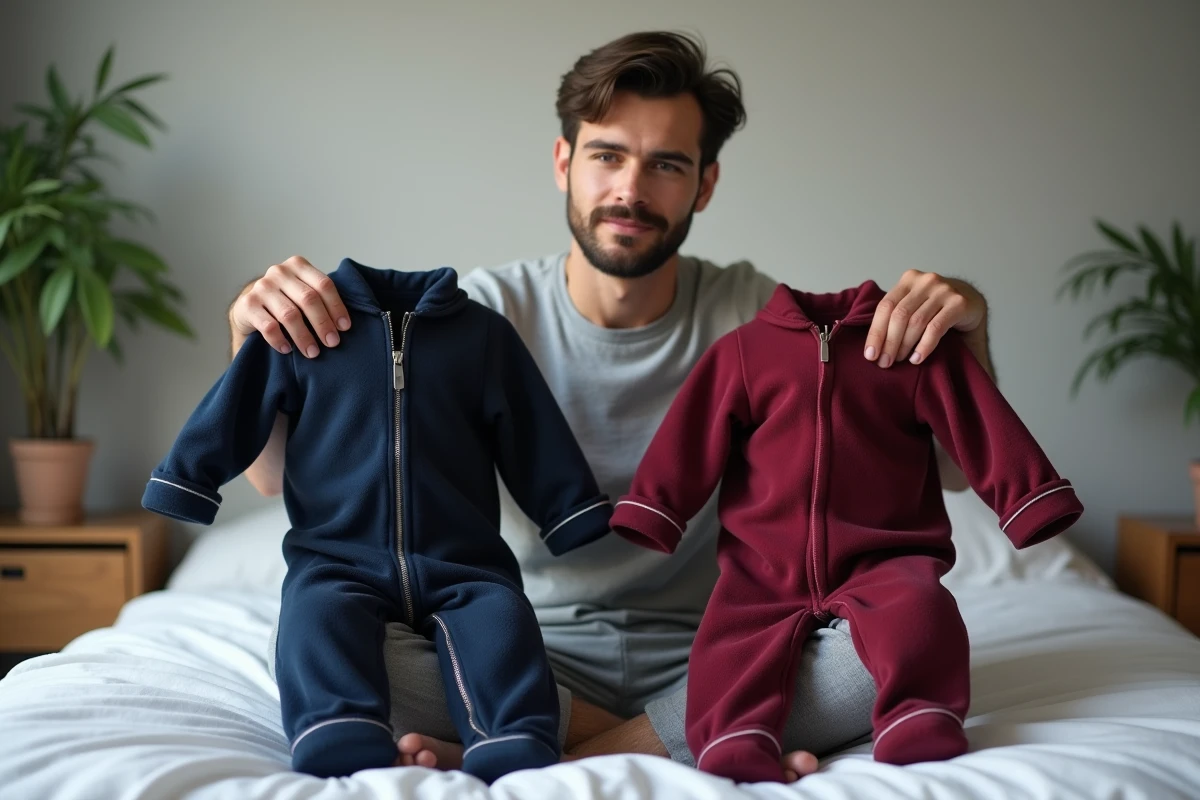 Homme comparant deux pyjamas grenouillères différents assis sur un lit dans une chambre moderne