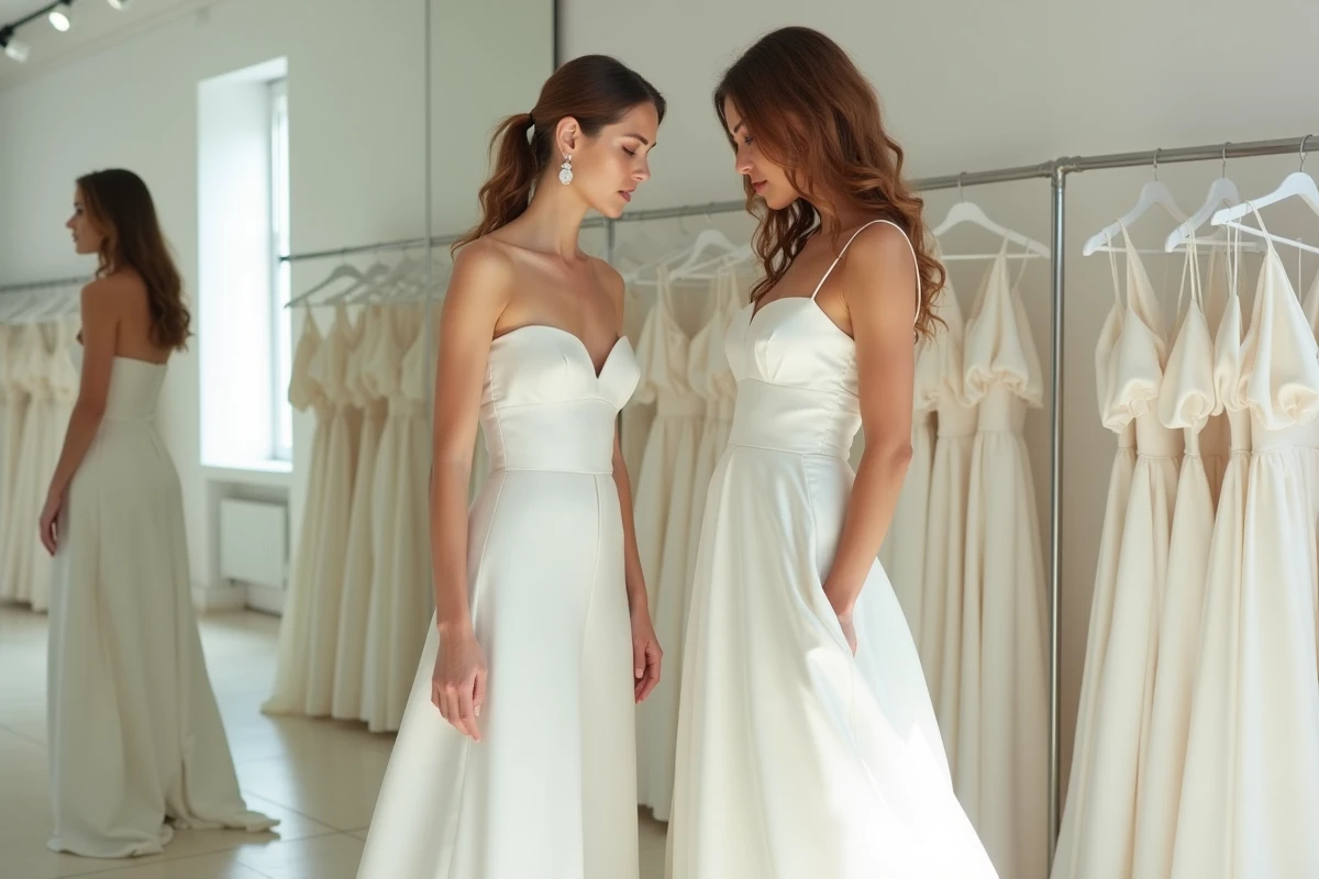 Comparaison de deux coupes de robe bustier longue blanche, satiné structuré et fluide crépon, dans un atelier de mode parisien