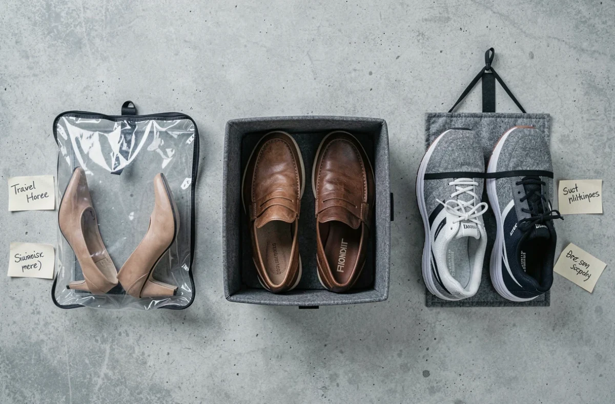 Comparaison de trois types de sacs de rangement chaussures posés à plat sur béton gris